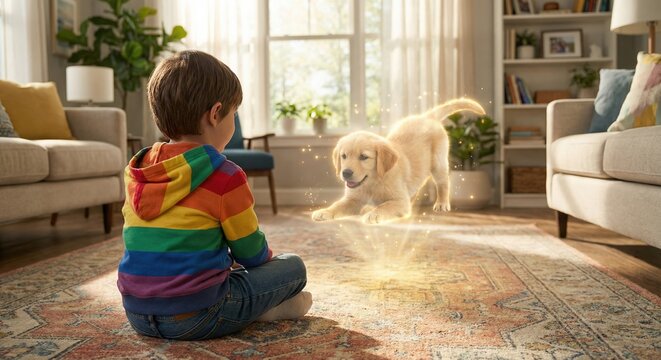 Child Playing with Glowing Holographic Golden Retriever Puppy in Living Room Future Technology 