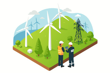 Sustainable energy future two engineers inspect wind turbines and power lines in a vibrant green landscape © Anna