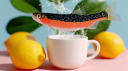 Colorful fish leaping from white cup surrounded by fresh lemons, creating a whimsical and vibrant scene, showcasing the playful interaction of nature and everyday objects