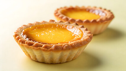 Two egg tarts with shiny custard centers on display
