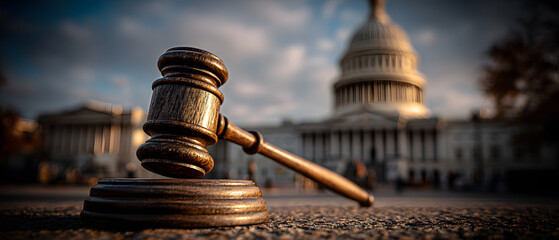 A gavel in focus representing justice and law in front of the Capitol building.