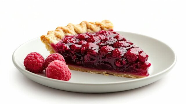 Video Freshly baked raspberry pie served on a clean white plate, perfect for a breakfast or dessert