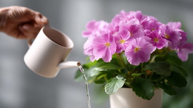 Watch as a hand carefully waters pink flowers indoors. This calming video captures the essence of nurturing plants in a tranquil home environment. Perfect for nature lovers. AI