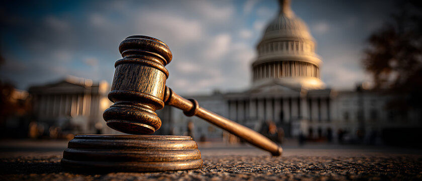 A gavel in focus representing justice and law in front of the Capitol building.