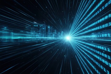 Futuristic digital highway with streaming binary code, light trails, and a glowing data burst in a virtual cityscape, symbolizing high-speed technology and data transfer.