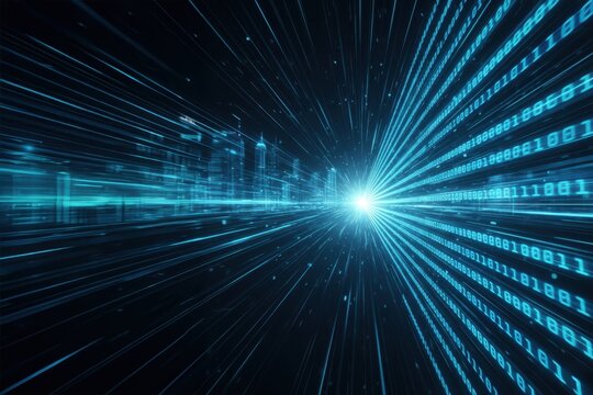 Futuristic digital highway with streaming binary code, light trails, and a glowing data burst in a virtual cityscape, symbolizing high-speed technology and data transfer.