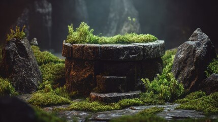Fototapeta premium Dramatic Reptile Terrarium Setup With Textured Stone Podium and Lush Moss Surroundings