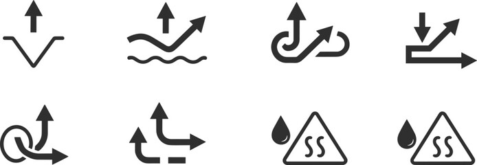 Set of vector icons representing functional fabric properties, breathable, waterproof, elastic, and moisture wicking for textile industry labels.
