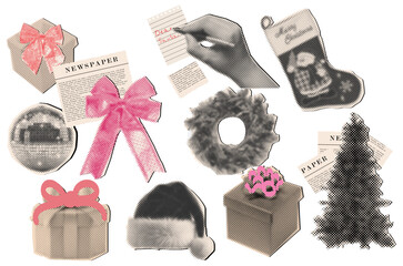 Trendy collage with halftone elements,gift box, hands, torn paper, newspaper, christmas tree, disco ball,cut out elements with pop art style.