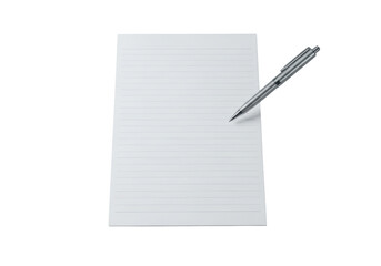 A pristine, blank white lined notebook page with subtle blue lines, a sleek silver metallic pen positioned diagonally above it on a minimalist light grey desk, concept of strategic planning and