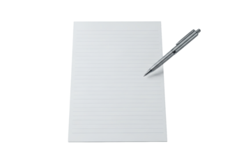 A pristine, blank white lined notebook page with subtle blue lines, a sleek silver metallic pen positioned diagonally above it on a minimalist light grey desk, concept of strategic planning and