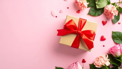 Romantic Gift Box with Flowers and Hearts on Pink Surface