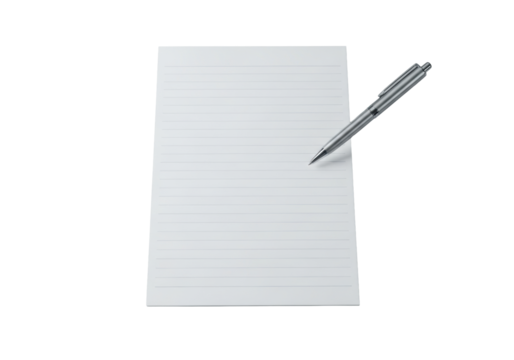 A pristine, blank white lined notebook page with subtle blue lines, a sleek silver metallic pen positioned diagonally above it on a minimalist light grey desk, concept of strategic planning and