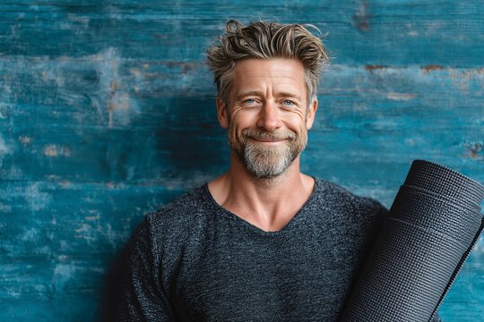 Middle-aged man holding a yoga mat with a bright smile and casual attire in a relaxed setting