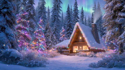 Cozy Cabin Surrounded by Snowy Landscape and Colorful Lights During a Magical Winter Night Celebration