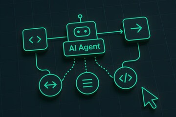 Neon Green AI Agent Diagram Shines on Dark Grid. Illustration conveys modern tech and AI, perfect for digital presentations, tech branding, website infographics.