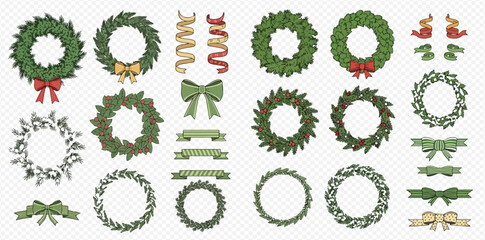 A comprehensive collection of hand-drawn Christmas wreaths, festive bows, and decorative ribbons in various styles and colors, perfect for holiday designs.
