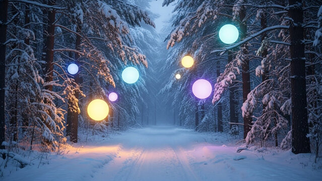 Winter wonderland path with glowing colorful orbs illuminating the snow-covered forest trees, creating a magical festive and enchanted scene at dusk.
