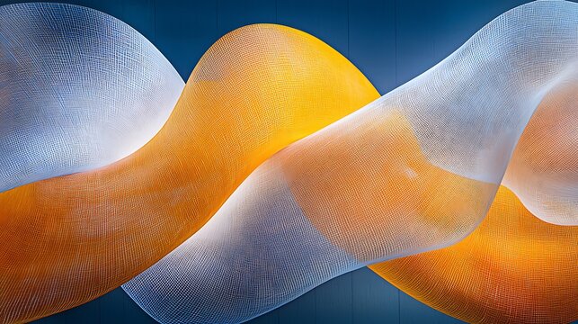 Abstract textured mesh fabric waves in blue, orange, and white flow across a deep blue background, creating a dynamic and modern art design.