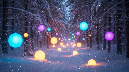 Obraz premium Enchanted winter wonderland with a snowy path winding through a forest adorned with vibrant glowing lanterns and falling snowflakes at night