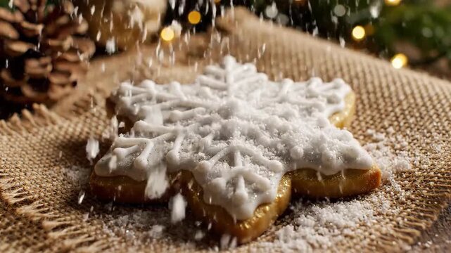 Festive snowflake cookie with falling powdered sugar on a rustic burlap backdrop during the holiday