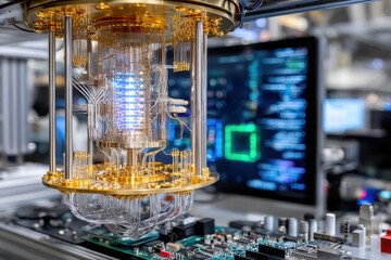 Modern quantum computer with intricate design showcased in a high-tech research facility