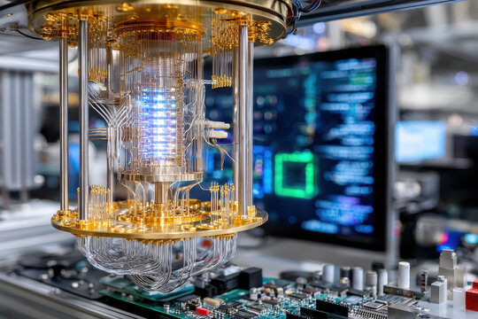 Modern quantum computer with intricate design showcased in a high-tech research facility