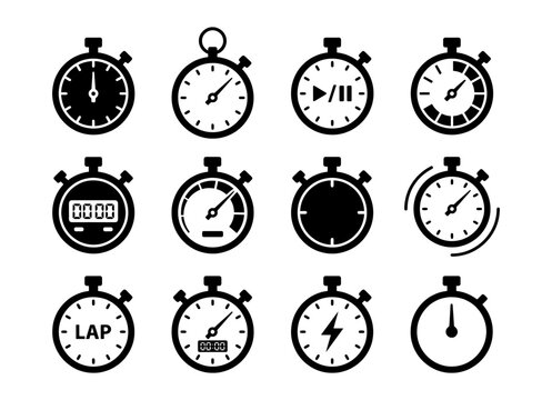 Stopwatch and Timer Black Glyph Icons Set - Measuring Speed, Lap Time, Race, and Digital Countdown Vector Symbols Collection for Sport and Precision