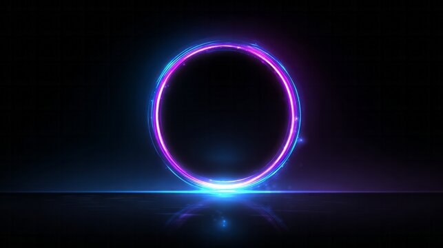 Neon ring glows with vibrant purple and blue light on a dark background.