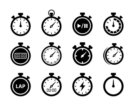 Chronometer and Stop Watch Black Glyph Icons Set - Measuring Time, Speed, Digital Display, and Lap Timer Vector Symbols Collection for Sports and Scientific Use