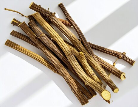 Natural Sweet Licorice Root Sticks Piled on White Background for Tea or Chewing