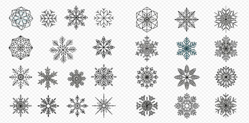 A collection of intricate and diverse black outline snowflake designs on a transparent background, perfect for winter and holiday themes.