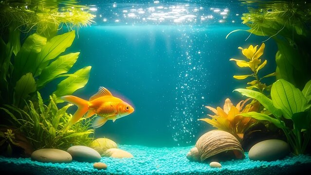 A goldfish swimming in an aquarium with plants rocks and bubbles under bright light conditions