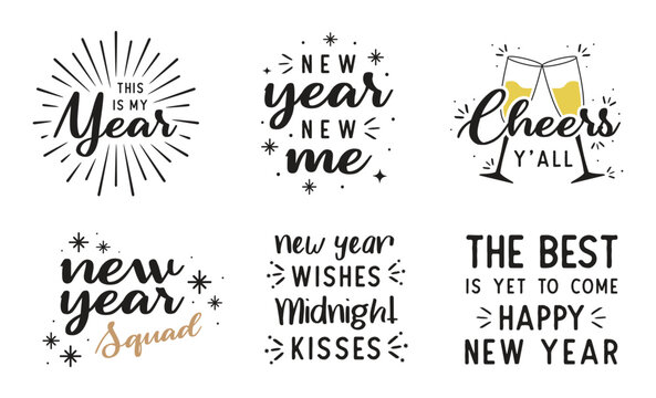 New Year Inspirational Quotes Typography Set – Hand-Drawn Motivational Calligraphy Illustrations