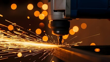 Closeup of metal cutting with sparks flying in a dark industrial setting.