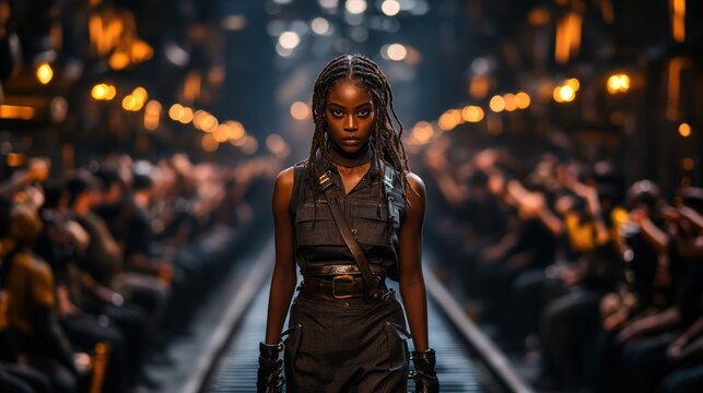 A striking model confidently walks the runway amidst an industrial backdrop, showcasing the latest fashion trends that merge strength with elegance in a dramatic and engaging atmosphere.