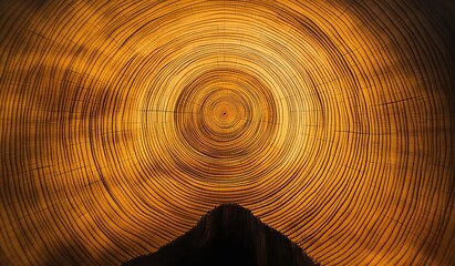 Cross-section of old large tree trunk showcasing intricate rings and wood grain texture with golden light illuminating each ring creating warm glow highlighting unique patterns.