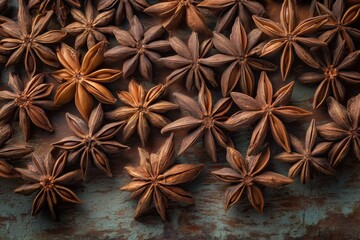 A dense arrangement of dried star anise pods, highlighting their woody texture and eight-pointed shape, arranged on a rustic surface