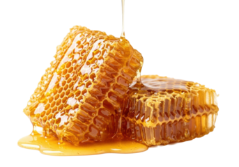 Close-up of two golden amber honeycomb pieces with visibly glistening, dripping natural honey against a transparent studio background, photorealistic still life, concept of natural purity and health