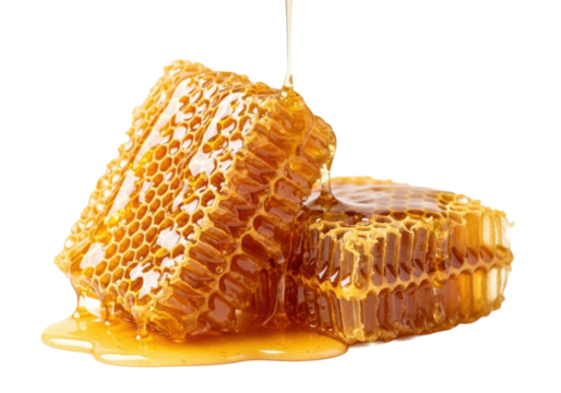 Close-up of two golden amber honeycomb pieces with visibly glistening, dripping natural honey against a transparent studio background, photorealistic still life, concept of natural purity and health - Powered by Adobe