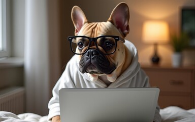 Cute French Bulldog Working on laptop wearing Glasses and a pajamas . The Pajama Powerhouse: Cute French Bulldog in Glasses and Pajamas Taking on Work.  Generative Ai. High quality