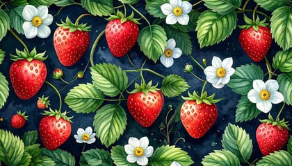 Watercolor illustration of ripe strawberries with green leaves and white flowers on dark background