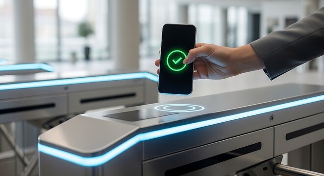 Person using a smartphone with a green checkmark to access a modern turnstile gate system