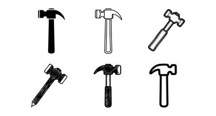 Set of six hammer designs in diverse styles for construction and carpentry themes