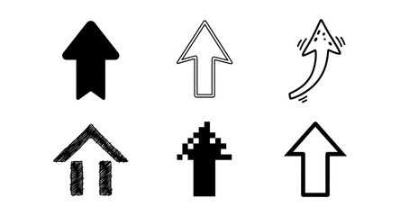 Diverse arrow designs: sketch, outline, pixel, doodle styles in black and white