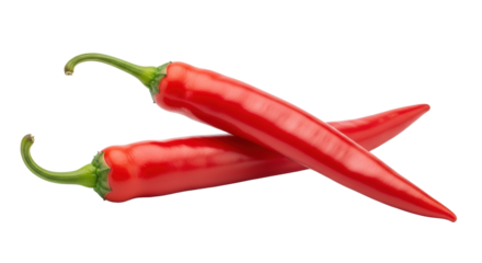 Two unblemished vivid red chili peppers with vibrant green stems, one resting across the other on a transparent studio background with negative space, concept of intense flavor and zest