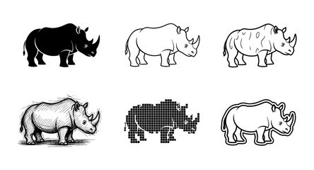 Fototapeta premium Diverse rhino art styles: silhouette, outline, sketch, and pixel designs