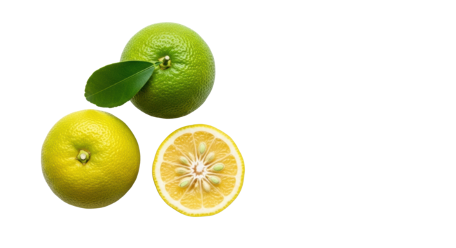 Pristine yuzu: two whole (one with green leaf), one cut showing yellow pulp and seeds, on transparent background, soft diffused lighting. Concept of fresh vitality