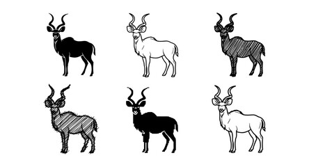Fototapeta premium Kudu antelope silhouette and sketch set: black, white, and textured designs