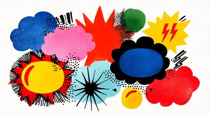 Colorful comic-style explosion shapes and speech bubbles in various colors and textures, featuring dynamic patterns and vibrant designs, ideal for creative projects and graphic design applications